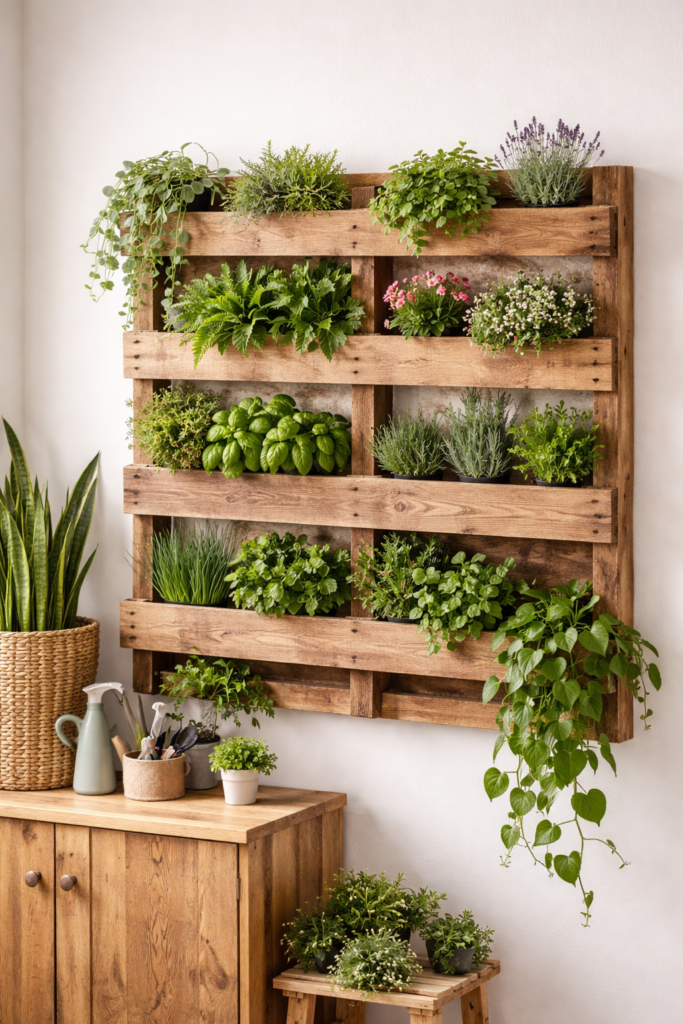 Mur végétal en palette peint en blanc.
Il y a plusieurs plantes dans des bacs.
Le mur est un peu abîmé, ça donne un style naturel.
C’est une bonne idée pour un extérieur.