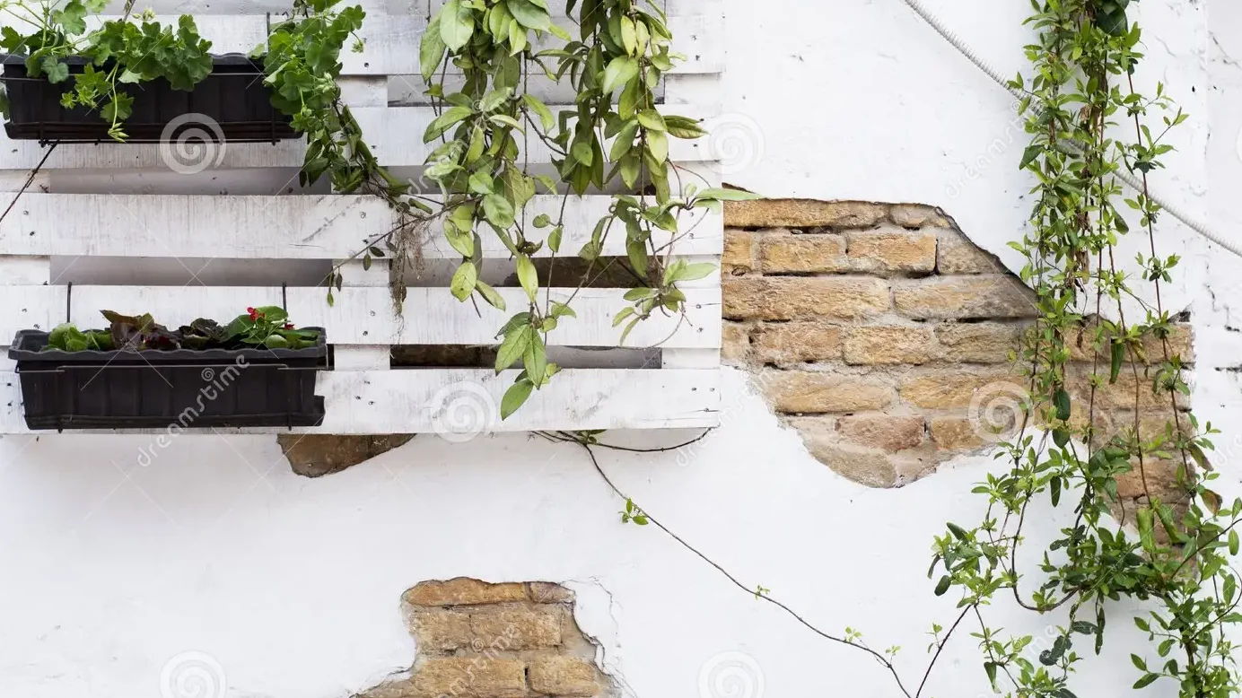 Mur en palette avec beaucoup de plantes.
Les plantes sont bien rangées sur plusieurs niveaux.
Le bois donne un style chaleureux.
Ça apporte de la nature dans la pièce.