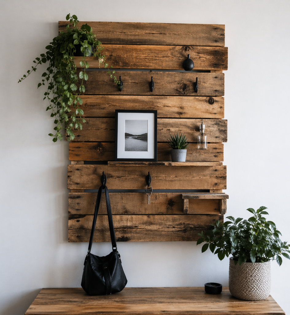 Mur en palettes avec des crochets et une petite étagère.
On peut accrocher un sac ou des clés.
C’est pratique pour une entrée.
En plus, ça reste joli et moderne