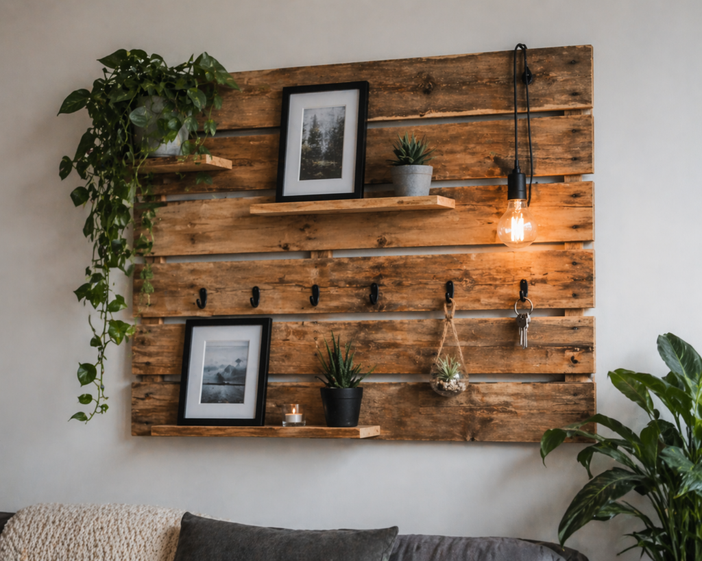 Mur en palettes avec des étagères, des plantes et une lampe.
La lumière crée une ambiance douce.
Le bois apporte un côté naturel.
Ça donne un style cosy et original.